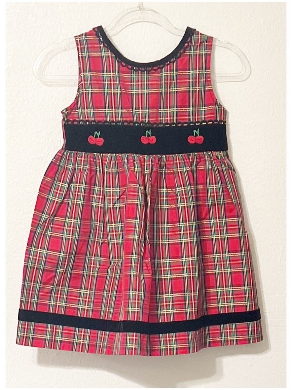 Girls Red Plaid Sleeveless Dress with Black Cherry Waistband Velvet Trim Party